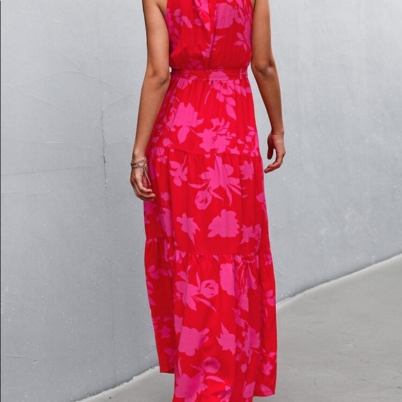 Plus Size Boho Red Pink Floral Print Halter Maxi Dress - Picture 7 of 9